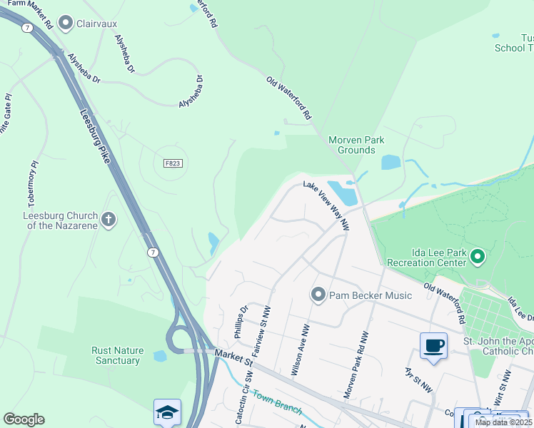 map of restaurants, bars, coffee shops, grocery stores, and more near 341 Lake View Way Northwest in Leesburg