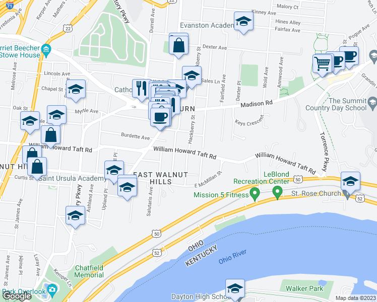 map of restaurants, bars, coffee shops, grocery stores, and more near William Howard Taft Road in Cincinnati