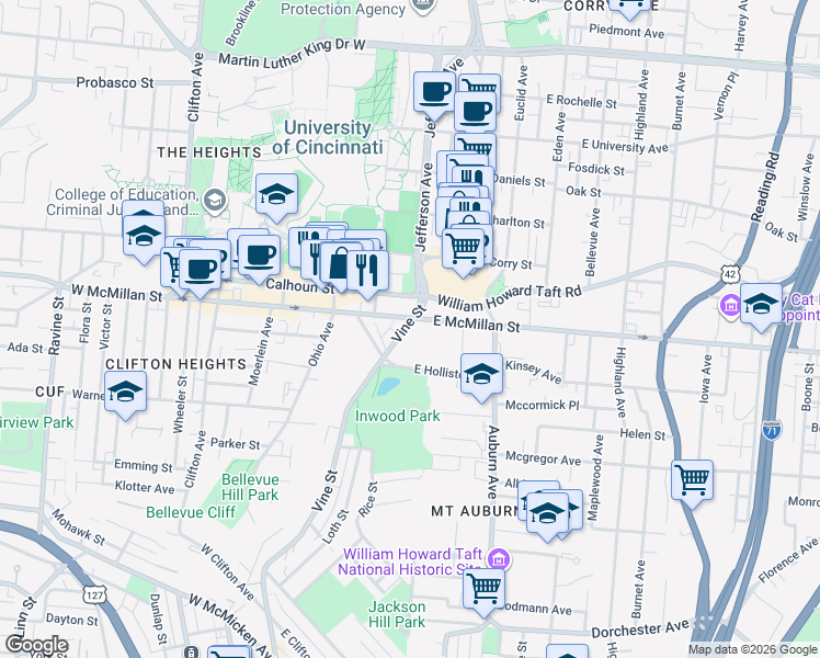 map of restaurants, bars, coffee shops, grocery stores, and more near 2438 Vine Street in Cincinnati