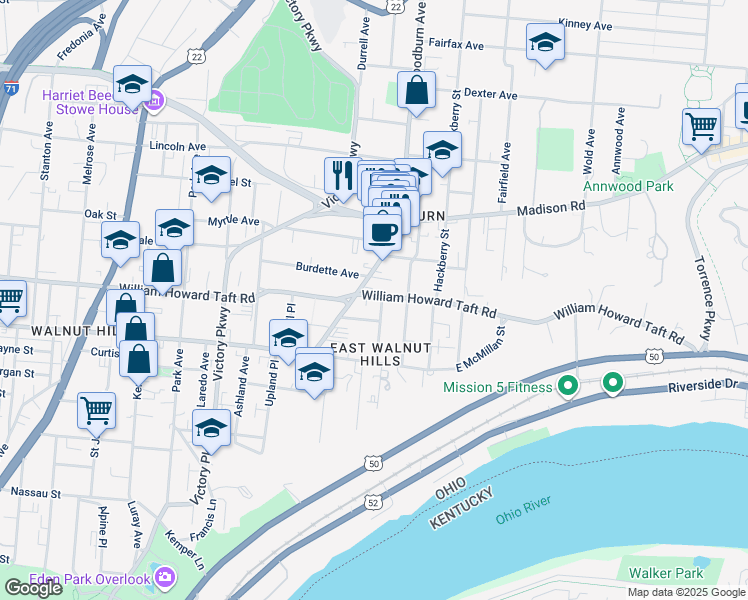 map of restaurants, bars, coffee shops, grocery stores, and more near 2609 Woodburn Avenue in Cincinnati