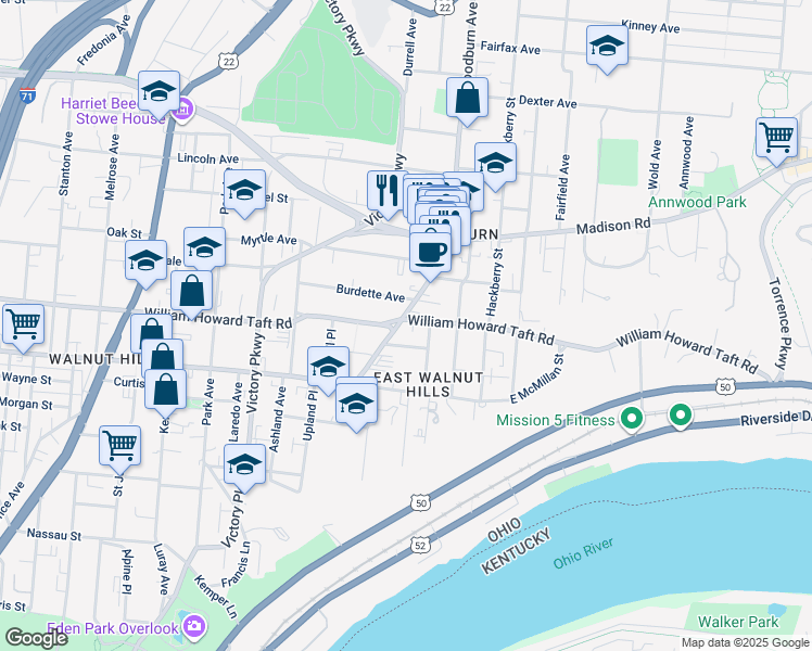 map of restaurants, bars, coffee shops, grocery stores, and more near 2609 Woodburn Avenue in Cincinnati