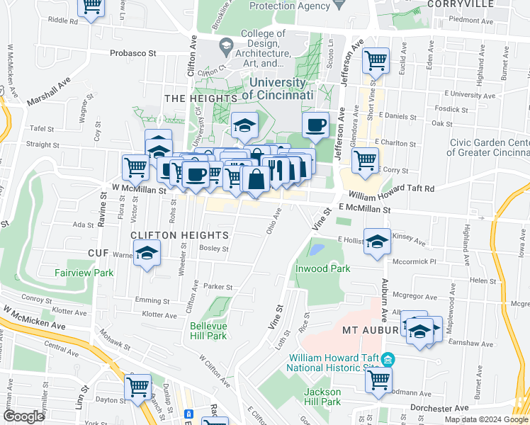 map of restaurants, bars, coffee shops, grocery stores, and more near 107 West McMillan Street in Cincinnati