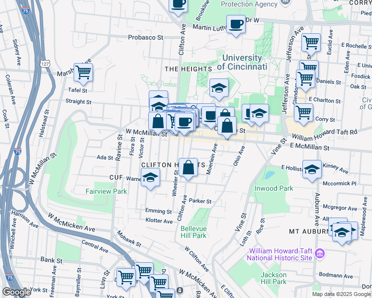 map of restaurants, bars, coffee shops, grocery stores, and more near 2377 Wheeler Street in Cincinnati