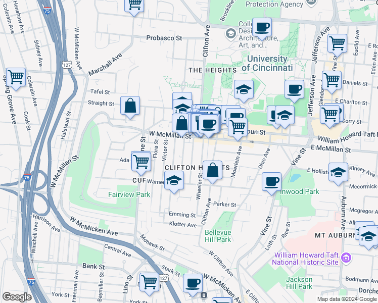 map of restaurants, bars, coffee shops, grocery stores, and more near 2374 Chickasaw Street in Cincinnati