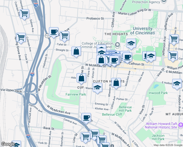map of restaurants, bars, coffee shops, grocery stores, and more near 2372 Victor Street in Cincinnati