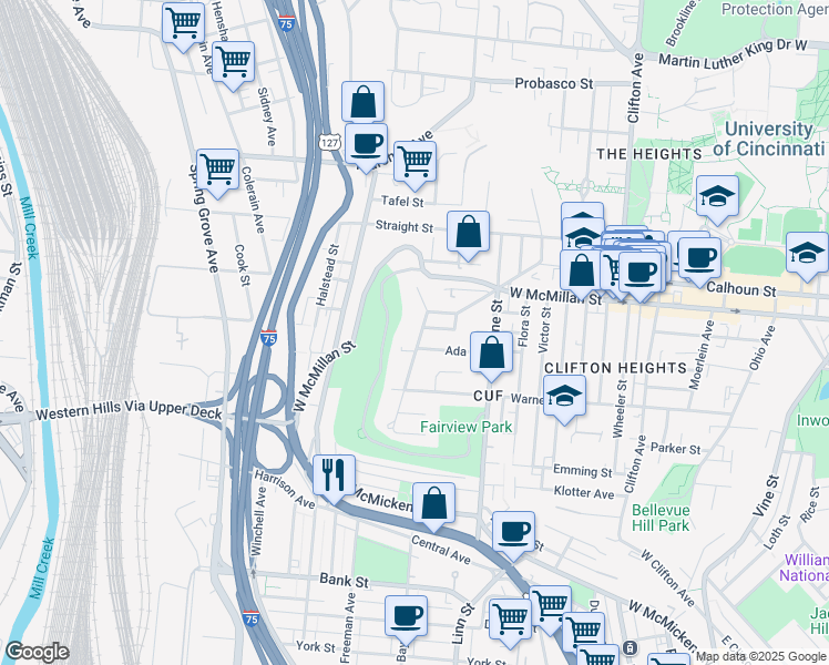 map of restaurants, bars, coffee shops, grocery stores, and more near 2430 Fairview Avenue in Cincinnati