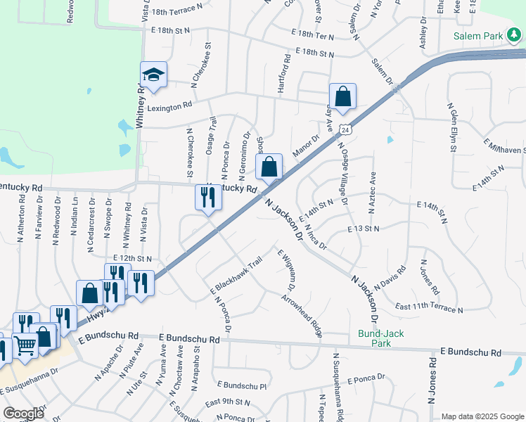 map of restaurants, bars, coffee shops, grocery stores, and more near 18812 East US Highway 24 in Independence