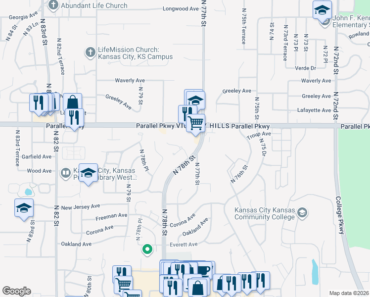 map of restaurants, bars, coffee shops, grocery stores, and more near 1920 North 77th Street in Kansas City