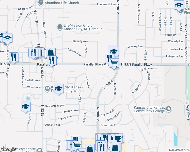 map of restaurants, bars, coffee shops, grocery stores, and more near 1921 North 78 Terrace in Kansas City