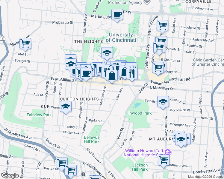 map of restaurants, bars, coffee shops, grocery stores, and more near 107 West McMillan Street in Cincinnati