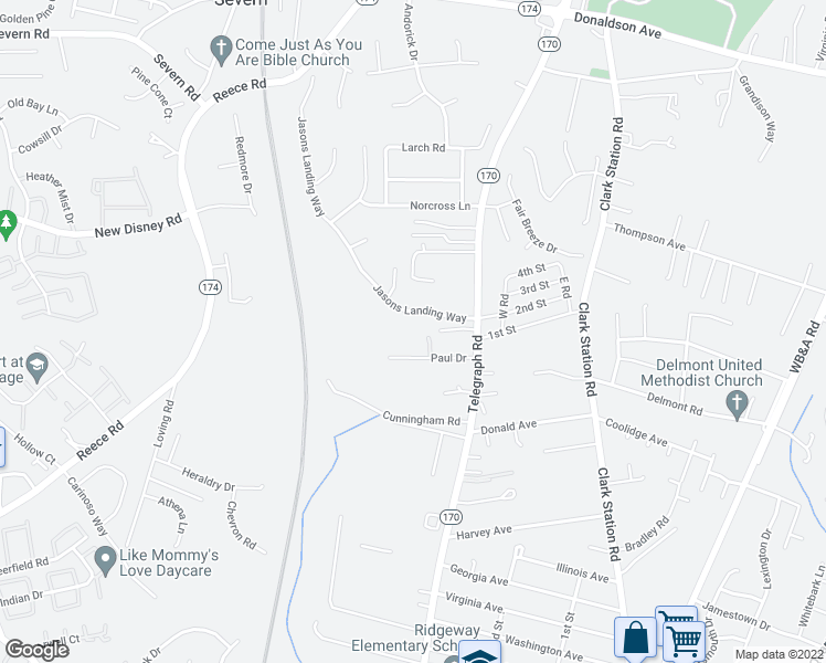 map of restaurants, bars, coffee shops, grocery stores, and more near 7956 Jasons Landing Way in Severn