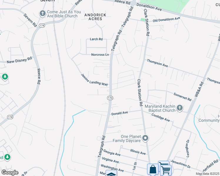 map of restaurants, bars, coffee shops, grocery stores, and more near 7950 Telegraph Road in Severn