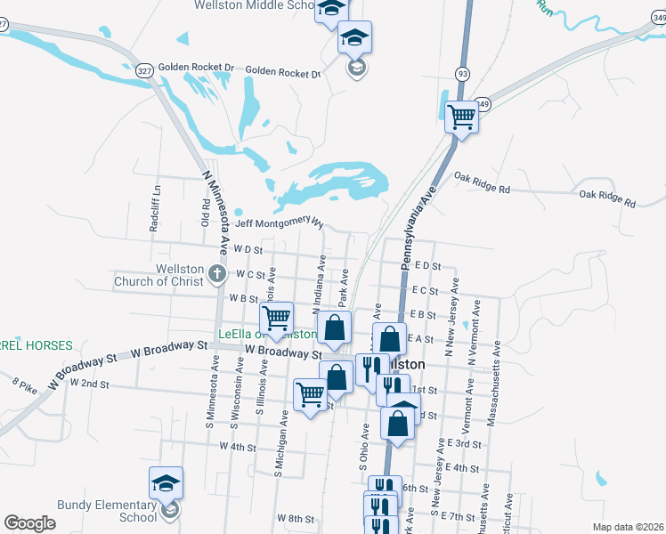 map of restaurants, bars, coffee shops, grocery stores, and more near 10W West D Street in Wellston