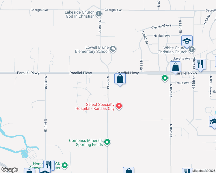 map of restaurants, bars, coffee shops, grocery stores, and more near 1902 North 90 Street in Kansas City