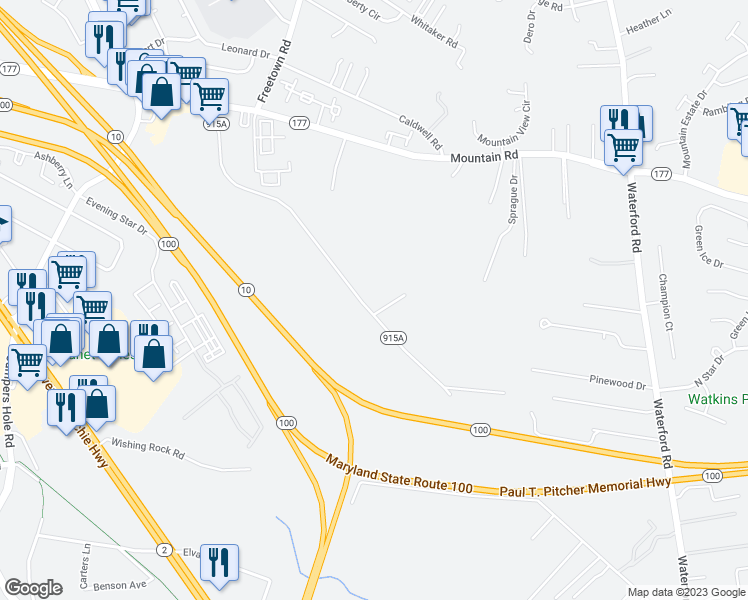 map of restaurants, bars, coffee shops, grocery stores, and more near 202 Long Hill Court in Pasadena