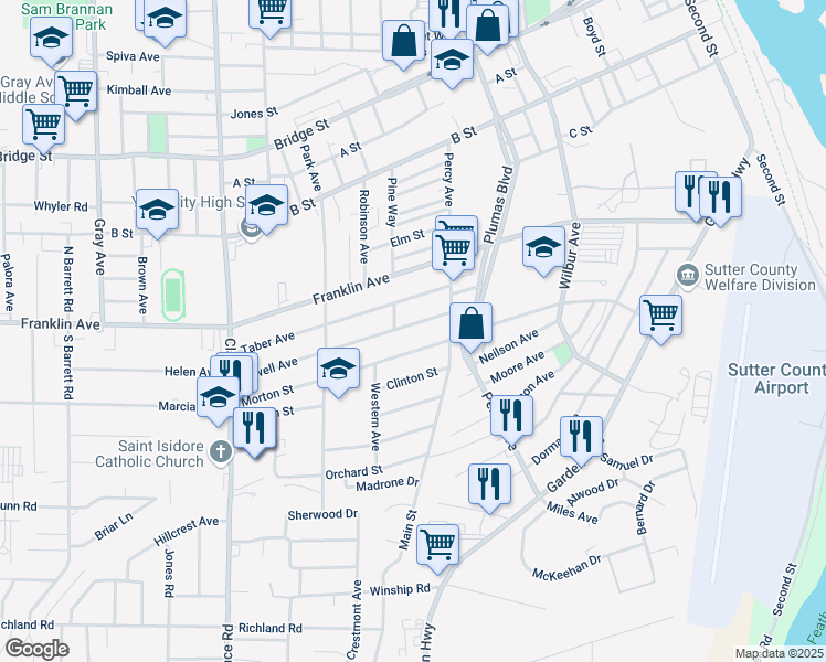 map of restaurants, bars, coffee shops, grocery stores, and more near 720 Jewell Avenue in Yuba City