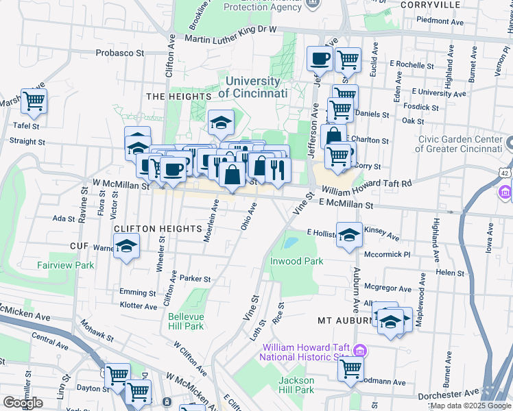 map of restaurants, bars, coffee shops, grocery stores, and more near 65 West McMillan Street in Cincinnati