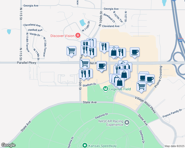 map of restaurants, bars, coffee shops, grocery stores, and more near 10904 Stadium Drive in Kansas City