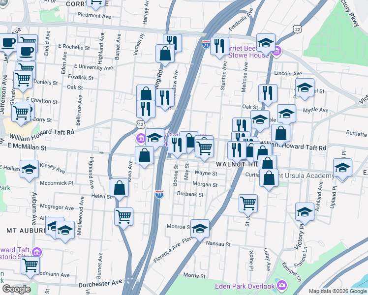 map of restaurants, bars, coffee shops, grocery stores, and more near 664 Crown Street in Cincinnati