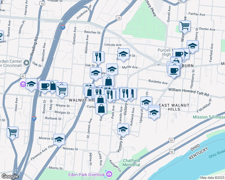 map of restaurants, bars, coffee shops, grocery stores, and more near 2609 Park Avenue in Cincinnati