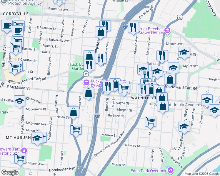 map of restaurants, bars, coffee shops, grocery stores, and more near 664 Crown Street in Cincinnati