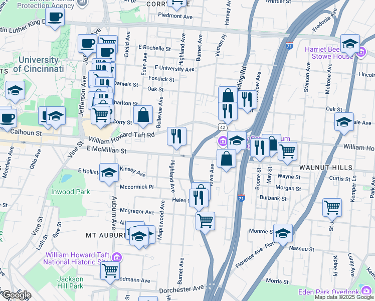 map of restaurants, bars, coffee shops, grocery stores, and more near 315 Shea Place in Cincinnati