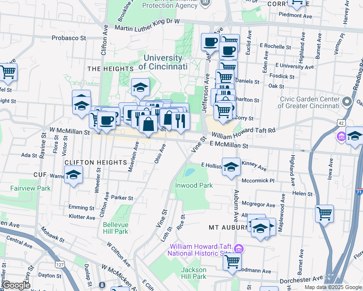map of restaurants, bars, coffee shops, grocery stores, and more near 34 West McMillan Street in Cincinnati