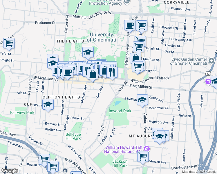 map of restaurants, bars, coffee shops, grocery stores, and more near in Cincinnati