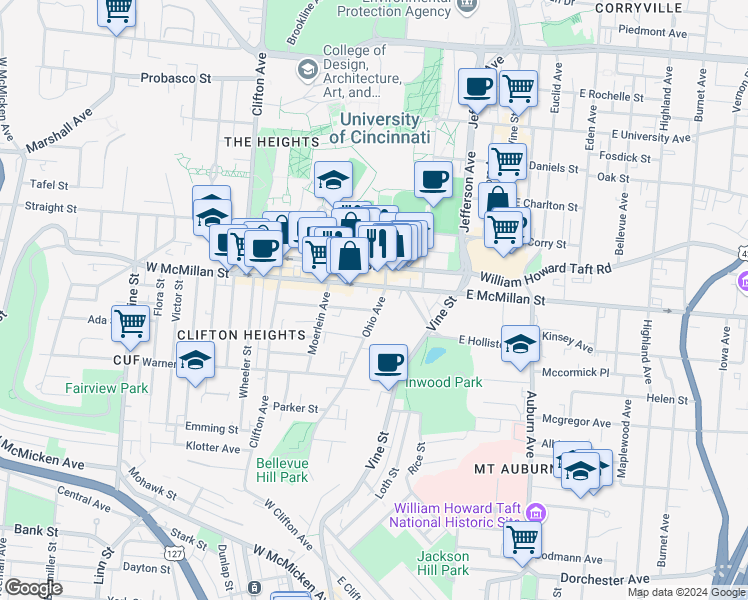 map of restaurants, bars, coffee shops, grocery stores, and more near in Cincinnati