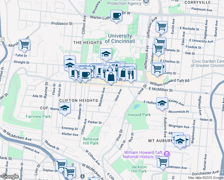 map of restaurants, bars, coffee shops, grocery stores, and more near 107 West McMillan Street in Cincinnati