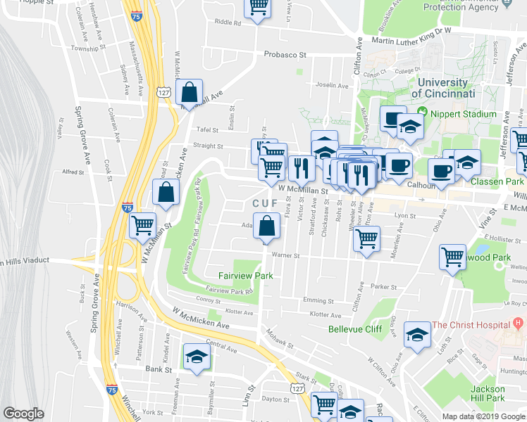 map of restaurants, bars, coffee shops, grocery stores, and more near 2472 Fairview Avenue in Cincinnati