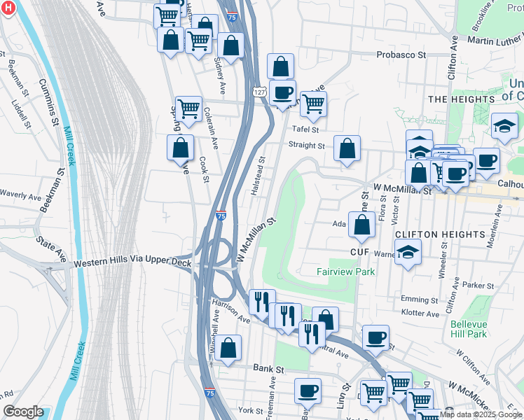 map of restaurants, bars, coffee shops, grocery stores, and more near 2507 Halstead Street in Cincinnati