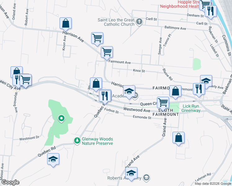 map of restaurants, bars, coffee shops, grocery stores, and more near 1809 Harrison Avenue in Cincinnati