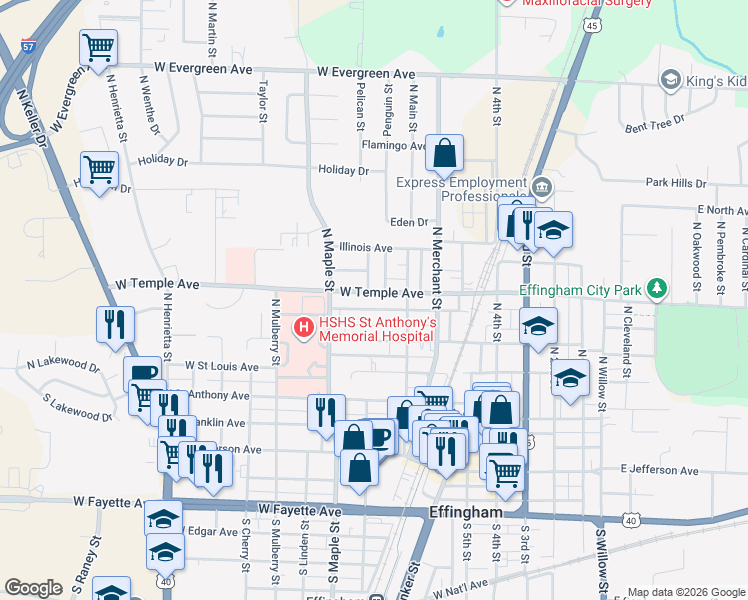 map of restaurants, bars, coffee shops, grocery stores, and more near 504 West Temple Avenue in Effingham