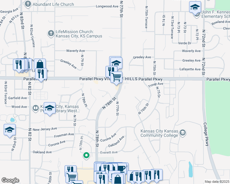 map of restaurants, bars, coffee shops, grocery stores, and more near 1920 North 77th Street in Kansas City