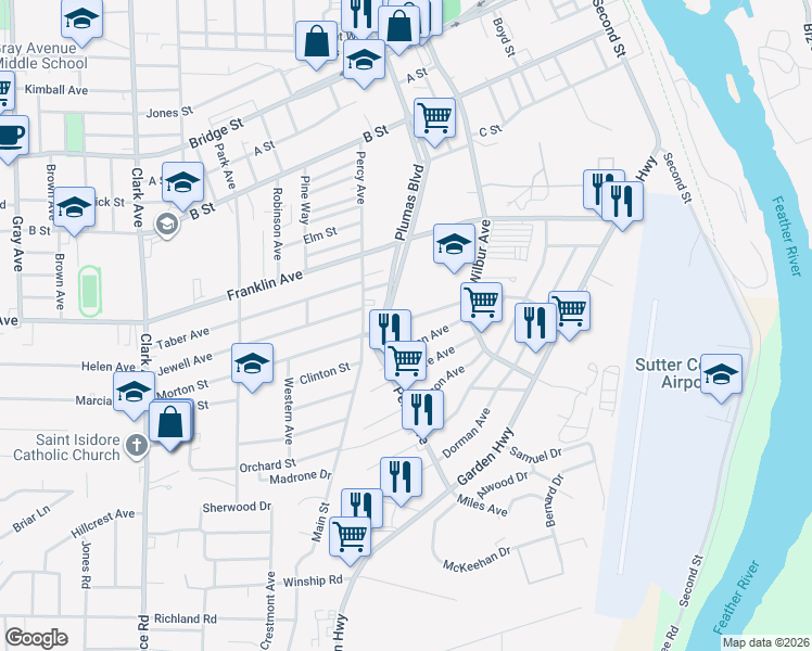 map of restaurants, bars, coffee shops, grocery stores, and more near 249 Del Monte Avenue in Yuba City