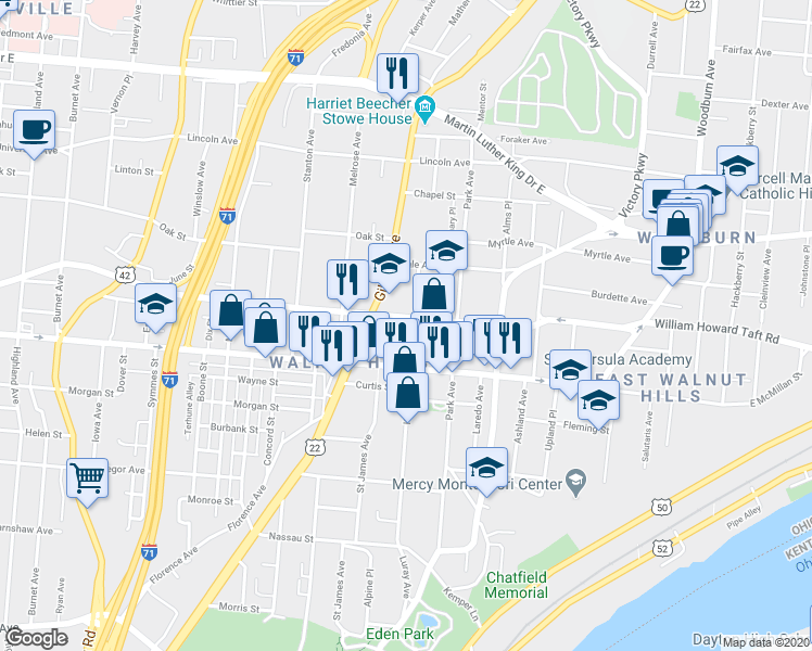 map of restaurants, bars, coffee shops, grocery stores, and more near 2533 Kemper Lane in Cincinnati