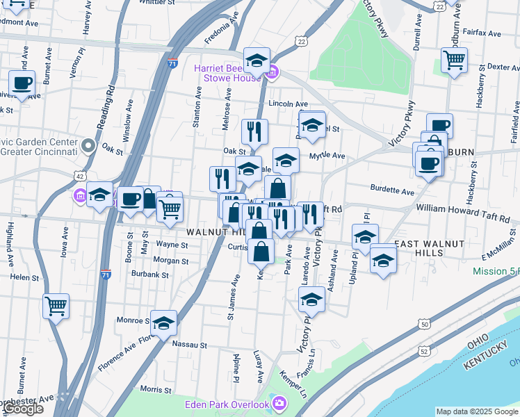 map of restaurants, bars, coffee shops, grocery stores, and more near 2533 Kemper Lane in Cincinnati