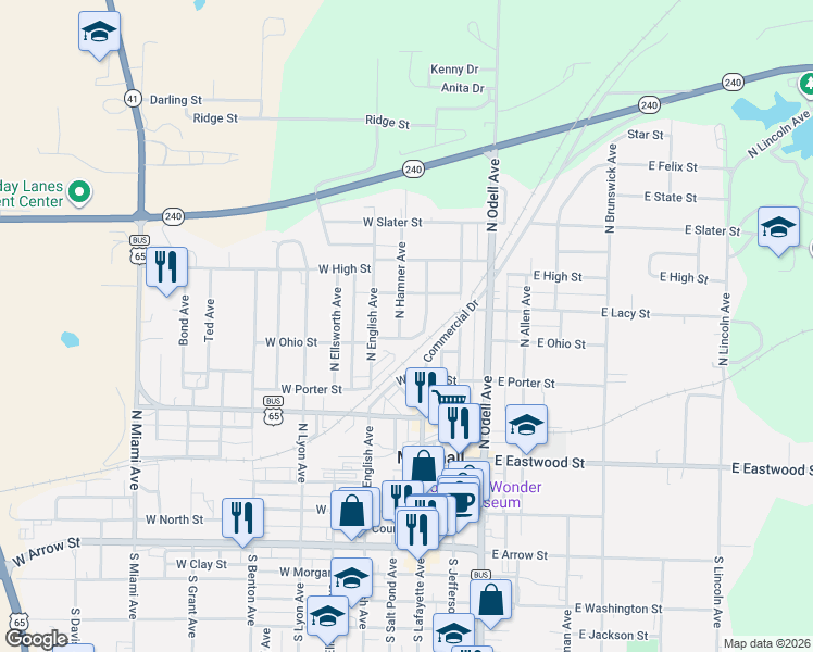 map of restaurants, bars, coffee shops, grocery stores, and more near 610 North Hamner Avenue in Marshall