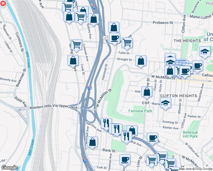 map of restaurants, bars, coffee shops, grocery stores, and more near 2507 Halstead Street in Cincinnati