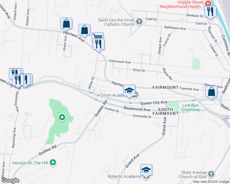 map of restaurants, bars, coffee shops, grocery stores, and more near 1860 Queen City Avenue in Cincinnati