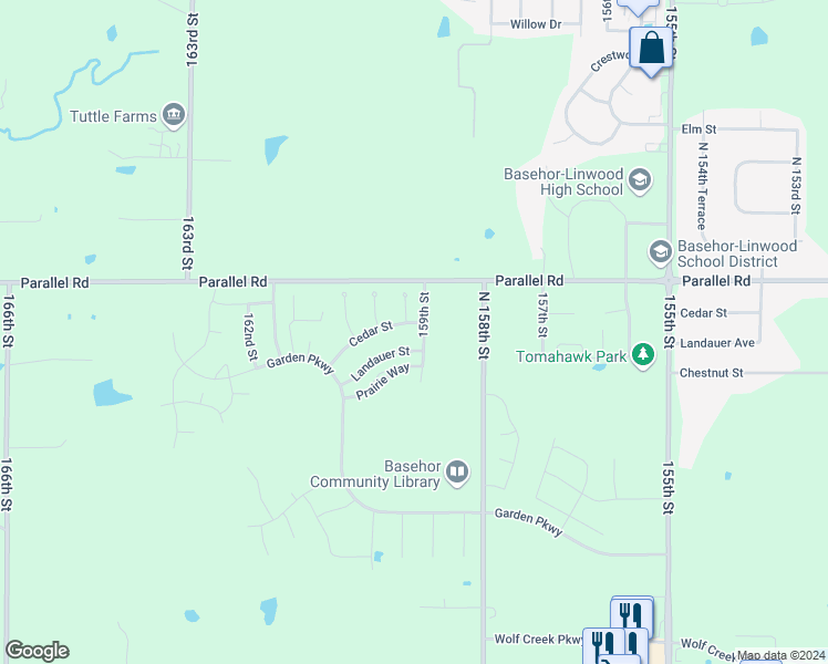 map of restaurants, bars, coffee shops, grocery stores, and more near 15901 Cedar Street in Basehor
