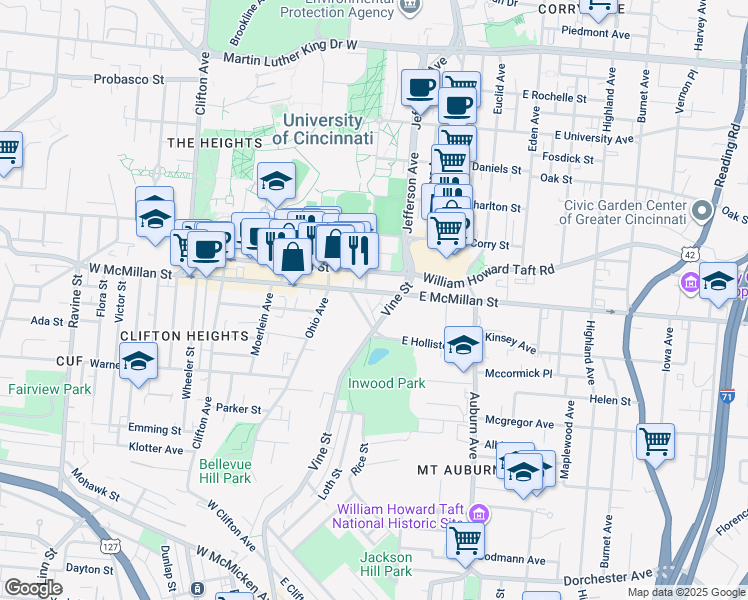 map of restaurants, bars, coffee shops, grocery stores, and more near 21 West McMillan Street in Cincinnati