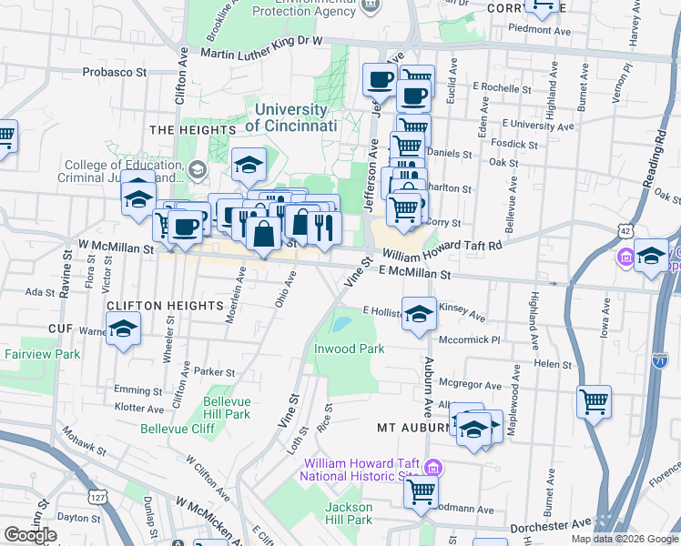 map of restaurants, bars, coffee shops, grocery stores, and more near 21 West McMillan Street in Cincinnati