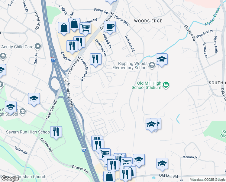 map of restaurants, bars, coffee shops, grocery stores, and more near 512 Short Curve Road in Glen Burnie