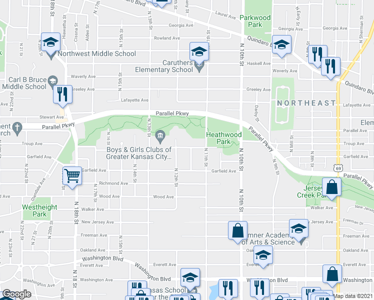 map of restaurants, bars, coffee shops, grocery stores, and more near 1135 Troup Avenue in Kansas City
