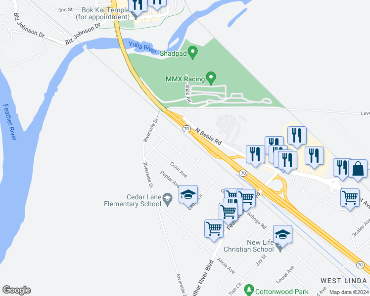 map of restaurants, bars, coffee shops, grocery stores, and more near 5931 Garden Avenue in Olivehurst