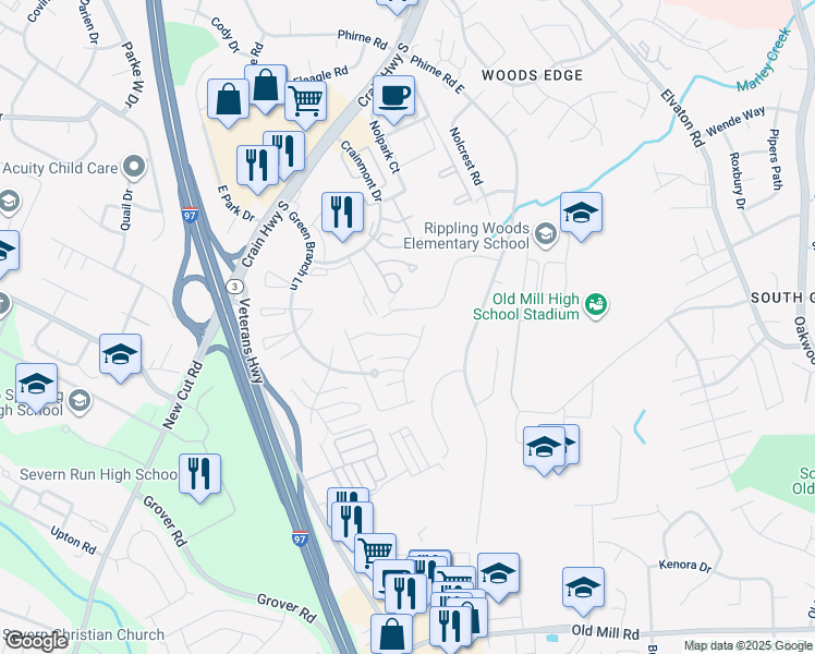 map of restaurants, bars, coffee shops, grocery stores, and more near 512 Short Curve Road in Glen Burnie