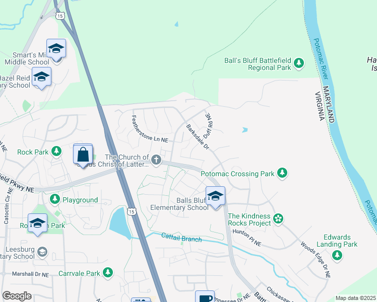 map of restaurants, bars, coffee shops, grocery stores, and more near 709 Duff Road Northeast in Leesburg