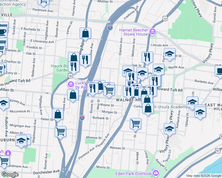 map of restaurants, bars, coffee shops, grocery stores, and more near 2538 Hemlock Street in Cincinnati
